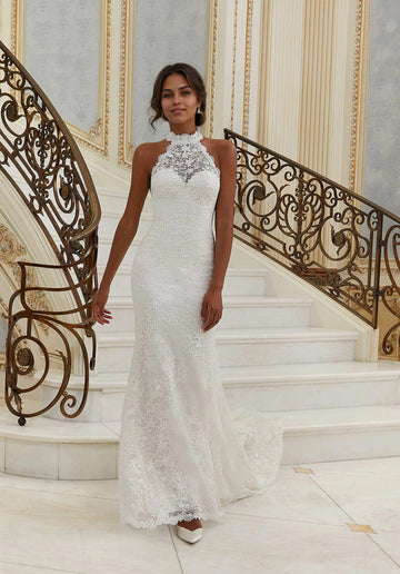 Chantilly Lace Halter Wedding Gown Keyhole Back with Scalloped Edging